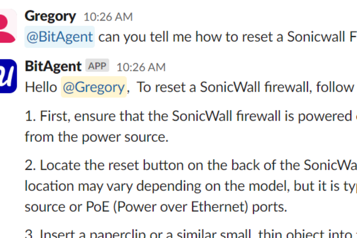 Slack integration with BitAgent the MSP Chatbot